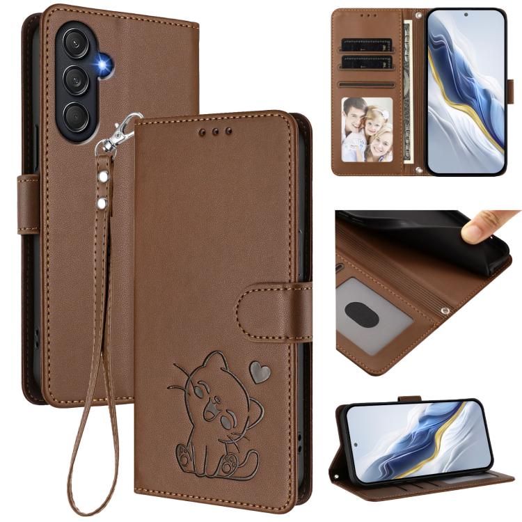 Custodia per telefono in pelle con ciondolo a forma di gatto e cuore in rilievo, completa di cinturino da polso., For Samsung Galaxy M54 5G / F54 5G, For Samsung Galaxy M14 5G