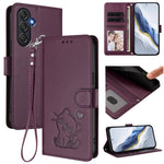Custodia per telefono in pelle con ciondolo a forma di gatto e cuore in rilievo, completa di cinturino da polso., For Samsung Galaxy M35 5G, For Samsung Galaxy M55 / C55