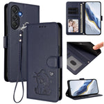 Custodia per telefono in pelle con ciondolo a forma di gatto e cuore in rilievo, completa di cinturino da polso., For Samsung Galaxy M35 5G, For Samsung Galaxy M55 / C55