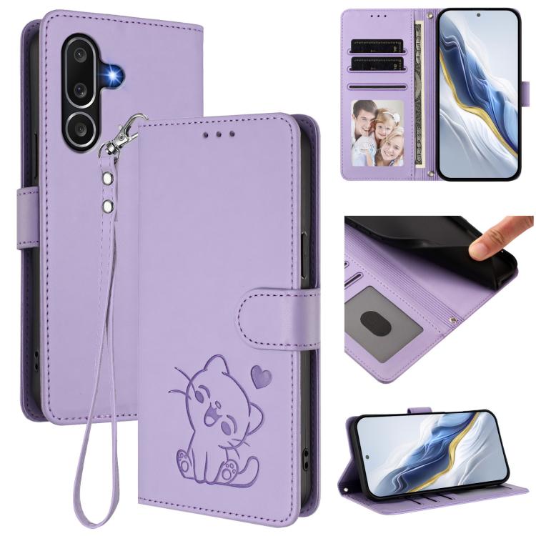 Custodia per telefono in pelle con ciondolo a forma di gatto e cuore in rilievo, completa di cinturino da polso., For Samsung Galaxy M36 5G, For Samsung Galaxy M56 5G