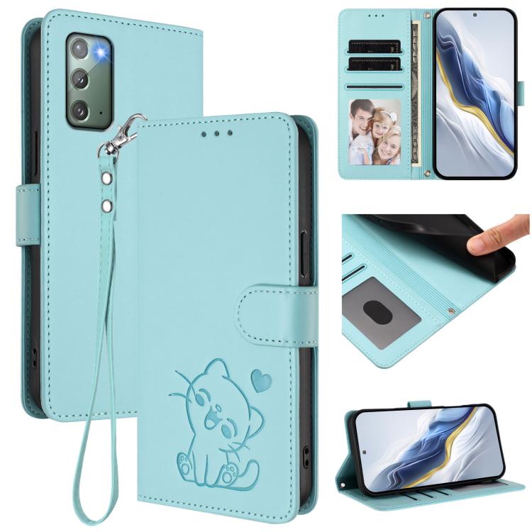 Custodia per telefono in pelle con ciondolo a forma di gatto e cuore in rilievo, completa di cinturino da polso., For Samsung Galaxy Note20