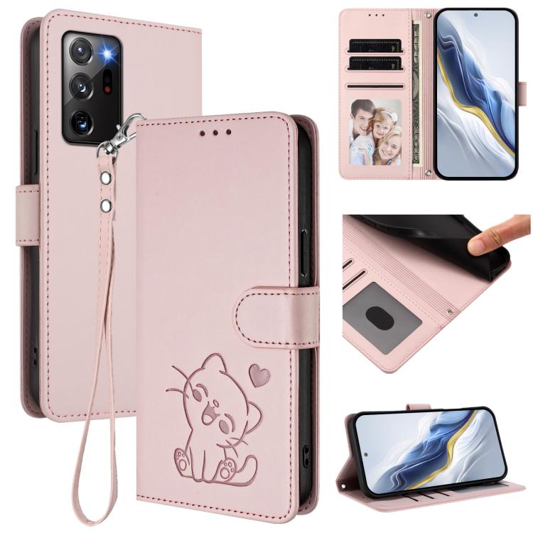 Custodia per telefono in pelle con ciondolo a forma di gatto e cuore in rilievo, completa di cinturino da polso., For Samsung Galaxy XCover6 Pro, For Samsung Galaxy Note20 Ultra