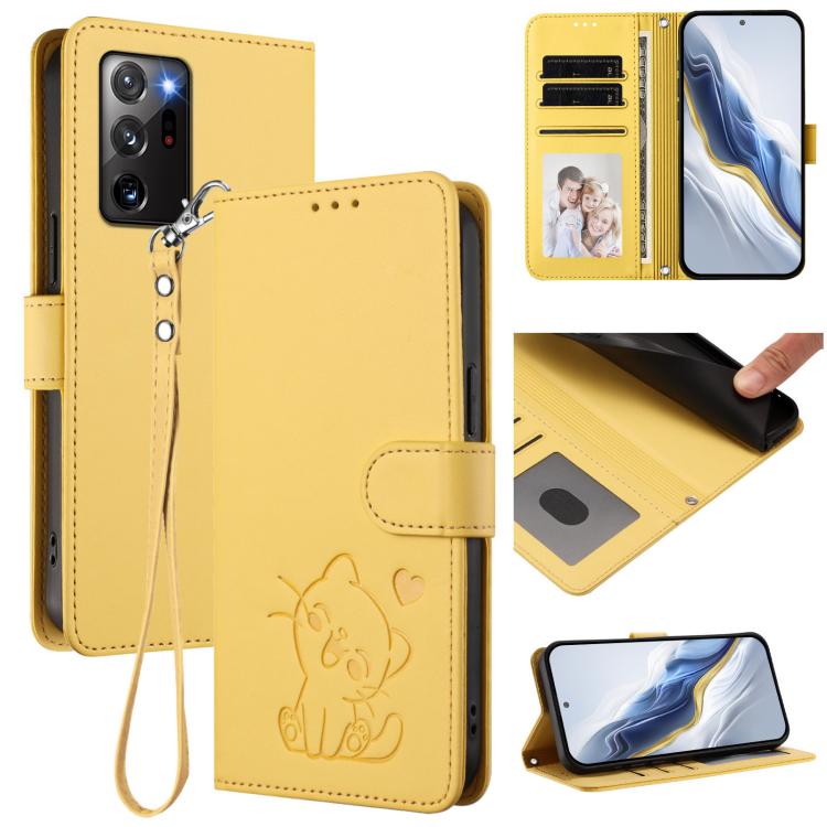 Custodia per telefono in pelle con ciondolo a forma di gatto e cuore in rilievo, completa di cinturino da polso., For Samsung Galaxy XCover6 Pro, For Samsung Galaxy Note20 Ultra