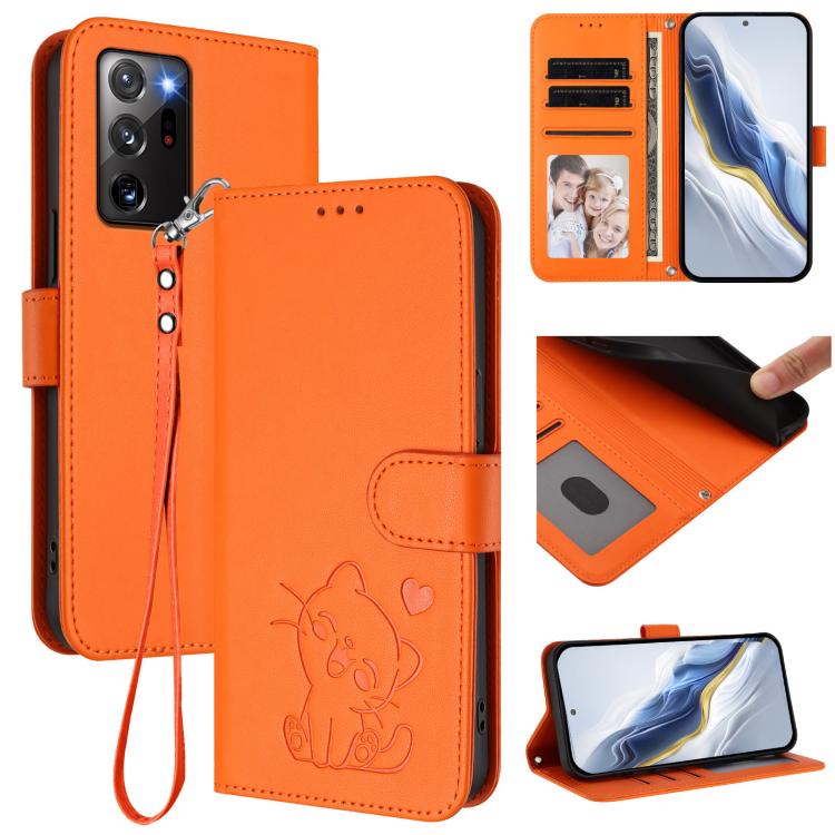 Custodia per telefono in pelle con ciondolo a forma di gatto e cuore in rilievo, completa di cinturino da polso., For Samsung Galaxy XCover6 Pro, For Samsung Galaxy Note20 Ultra