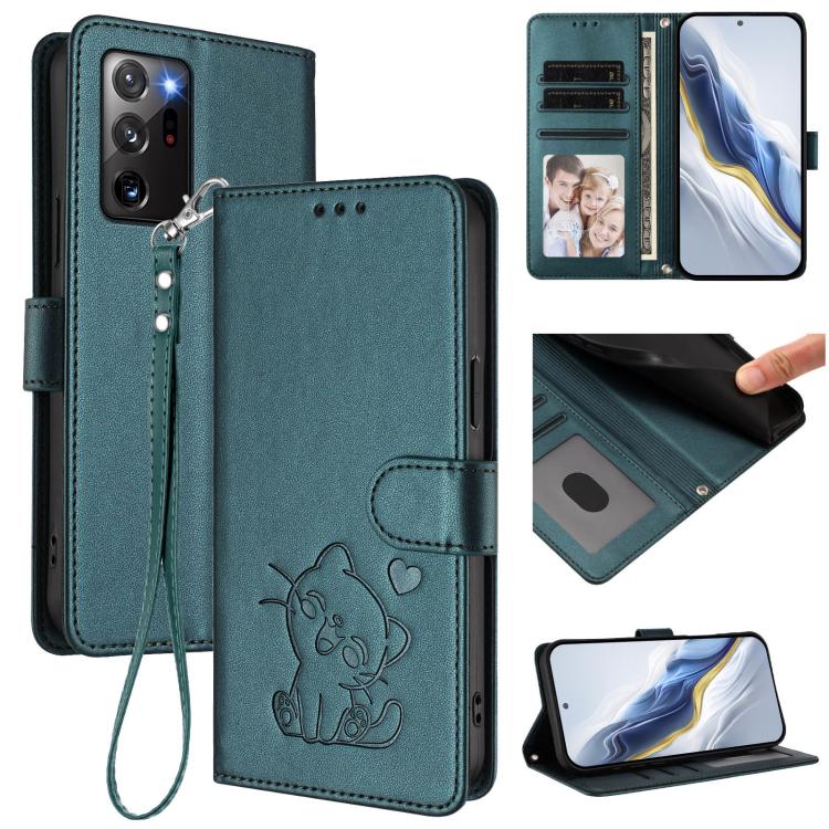 Custodia per telefono in pelle con ciondolo a forma di gatto e cuore in rilievo, completa di cinturino da polso., For Samsung Galaxy XCover6 Pro, For Samsung Galaxy Note20 Ultra