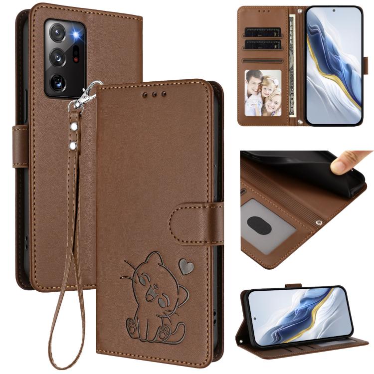 Custodia per telefono in pelle con ciondolo a forma di gatto e cuore in rilievo, completa di cinturino da polso., For Samsung Galaxy XCover6 Pro, For Samsung Galaxy Note20 Ultra