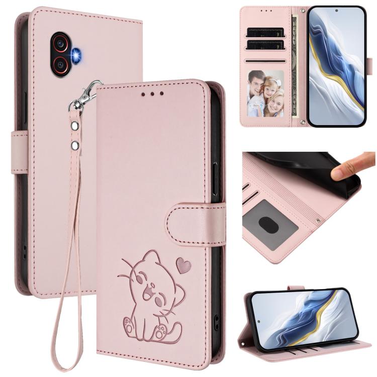 Custodia per telefono in pelle con ciondolo a forma di gatto e cuore in rilievo, completa di cinturino da polso., For Samsung Galaxy XCover6 Pro, For Samsung Galaxy Note20 Ultra