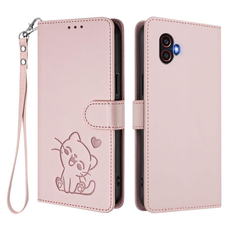 Custodia per telefono in pelle con ciondolo a forma di gatto e cuore in rilievo, completa di cinturino da polso., For Samsung Galaxy XCover6 Pro, For Samsung Galaxy Note20 Ultra