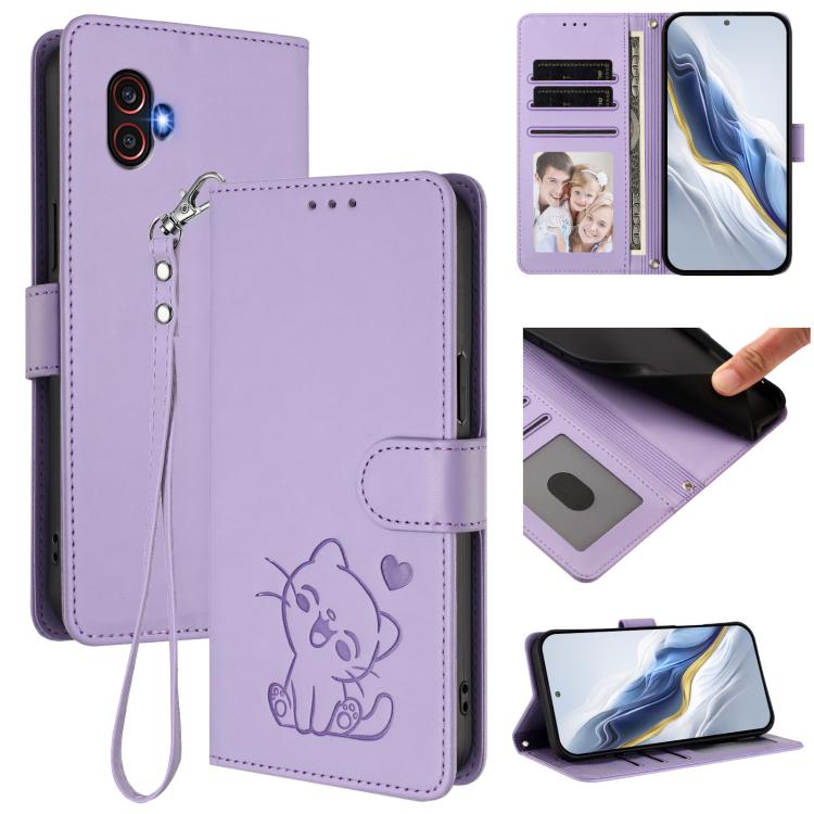 Custodia per telefono in pelle con ciondolo a forma di gatto e cuore in rilievo, completa di cinturino da polso., For Samsung Galaxy XCover6 Pro, For Samsung Galaxy Note20 Ultra
