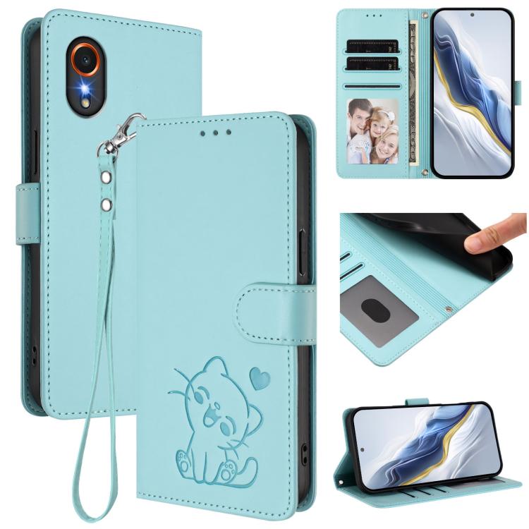 Custodia per telefono in pelle con ciondolo a forma di gatto e cuore in rilievo, completa di cinturino da polso., For Samsung Galaxy XCover7 Pro, For Samsung Galaxy XCover7 5G