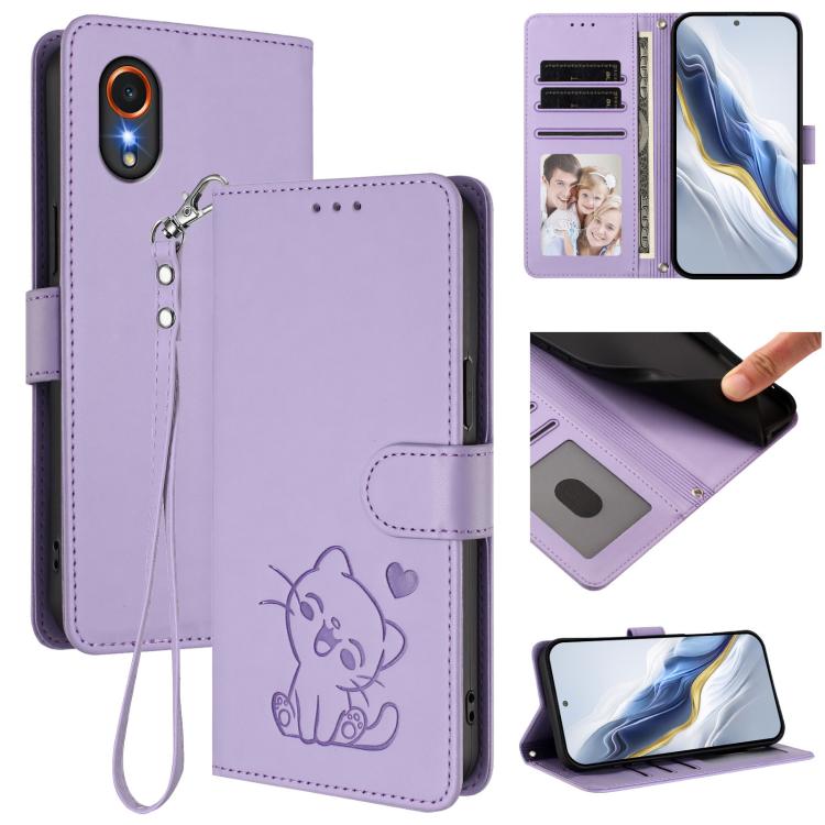 Custodia per telefono in pelle con ciondolo a forma di gatto e cuore in rilievo, completa di cinturino da polso., For Samsung Galaxy XCover7 Pro, For Samsung Galaxy XCover7 5G