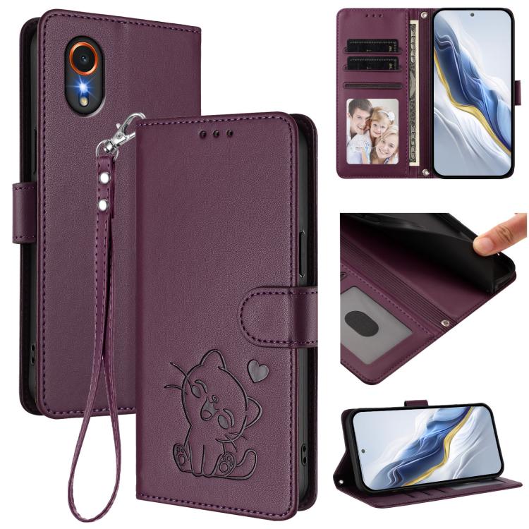 Custodia per telefono in pelle con ciondolo a forma di gatto e cuore in rilievo, completa di cinturino da polso., For Samsung Galaxy XCover7 Pro, For Samsung Galaxy XCover7 5G