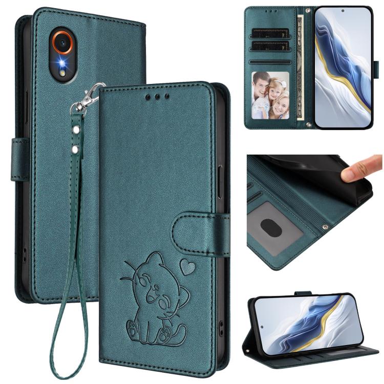 Custodia per telefono in pelle con ciondolo a forma di gatto e cuore in rilievo, completa di cinturino da polso., For Samsung Galaxy XCover7 Pro, For Samsung Galaxy XCover7 5G