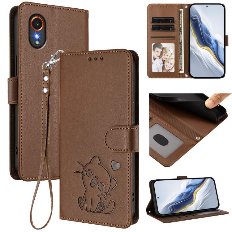 Custodia per telefono in pelle con ciondolo a forma di gatto e cuore in rilievo, completa di cinturino da polso., For Samsung Galaxy XCover7 Pro, For Samsung Galaxy XCover7 5G