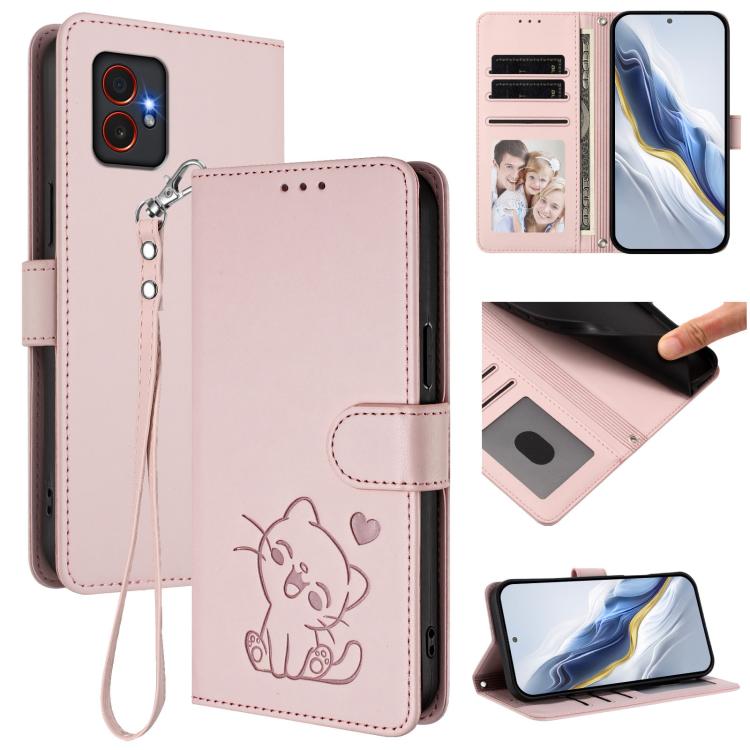 Custodia per telefono in pelle con ciondolo a forma di gatto e cuore in rilievo, completa di cinturino da polso., For Samsung Galaxy XCover7 Pro, For Samsung Galaxy XCover7 5G
