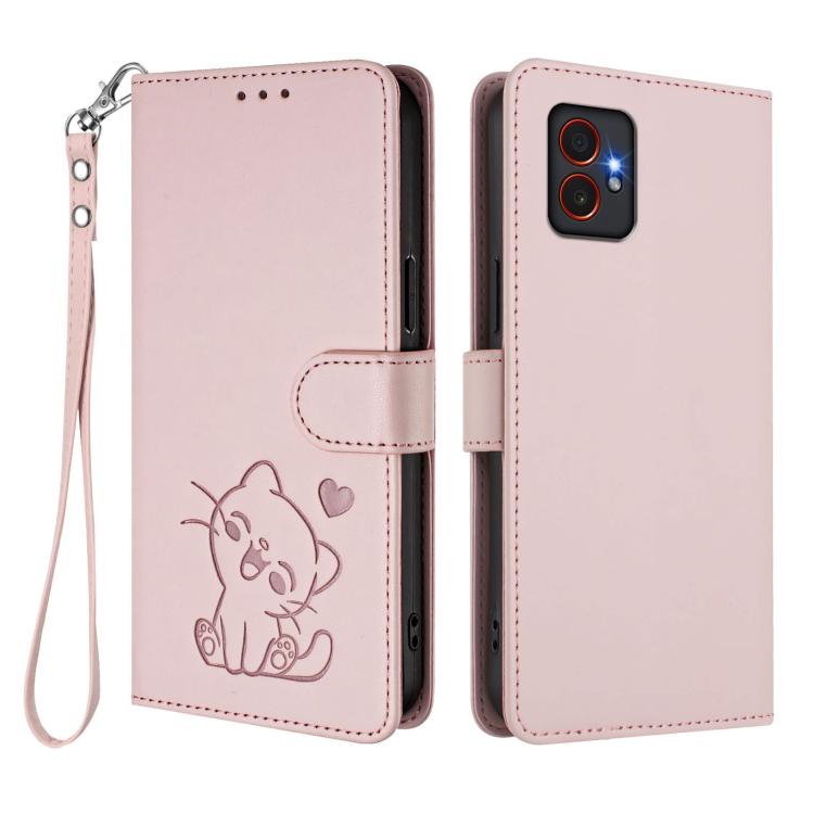 Custodia per telefono in pelle con ciondolo a forma di gatto e cuore in rilievo, completa di cinturino da polso., For Samsung Galaxy XCover7 Pro, For Samsung Galaxy XCover7 5G