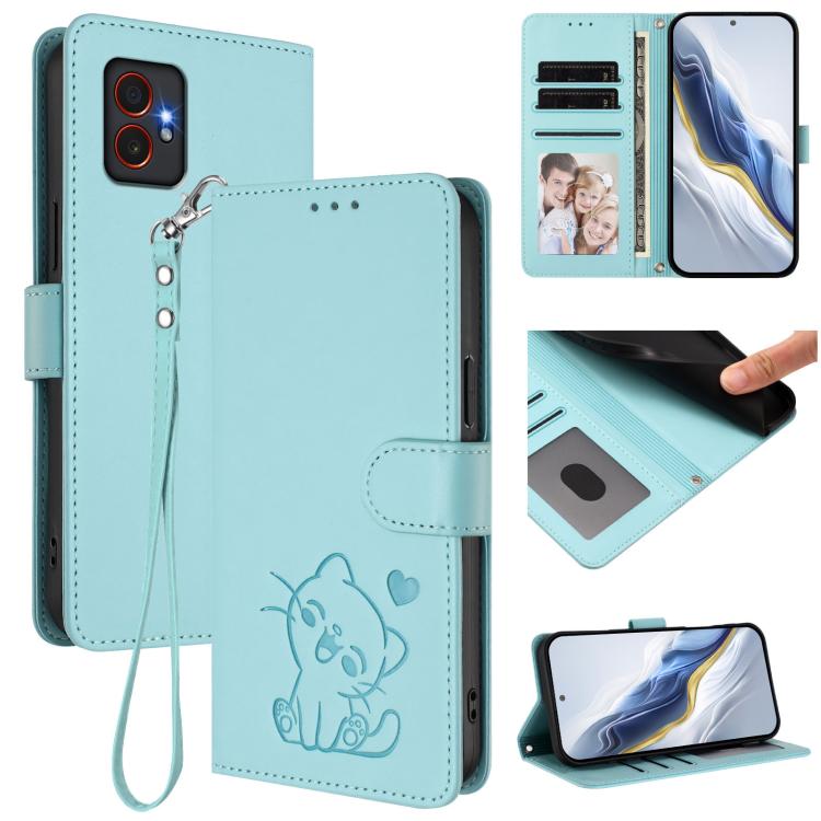 Custodia per telefono in pelle con ciondolo a forma di gatto e cuore in rilievo, completa di cinturino da polso., For Samsung Galaxy XCover7 Pro, For Samsung Galaxy XCover7 5G