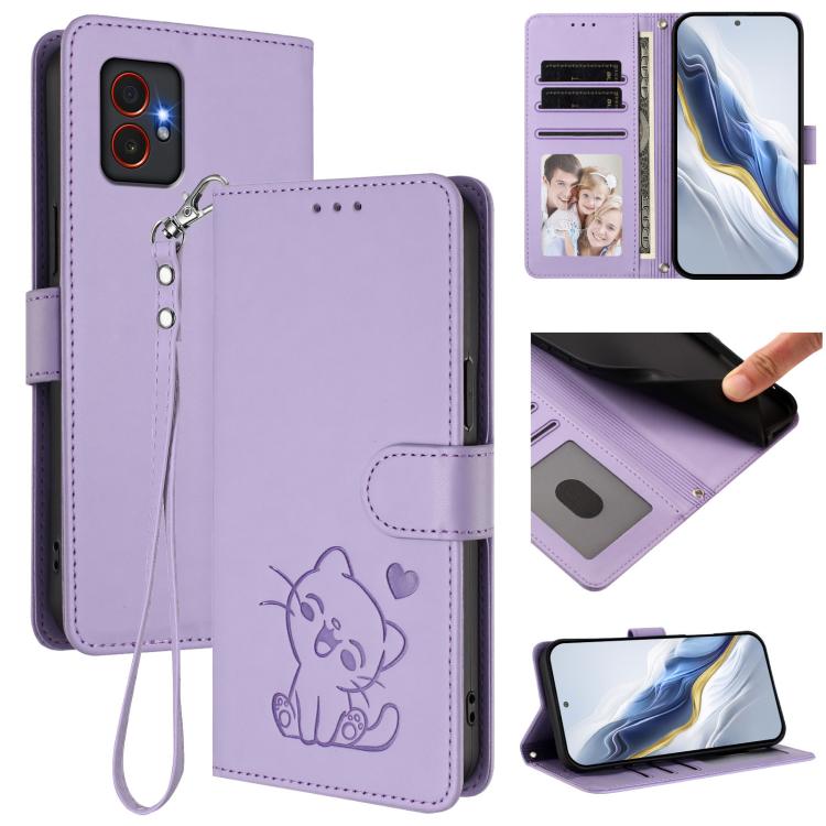 Custodia per telefono in pelle con ciondolo a forma di gatto e cuore in rilievo, completa di cinturino da polso., For Samsung Galaxy XCover7 Pro, For Samsung Galaxy XCover7 5G