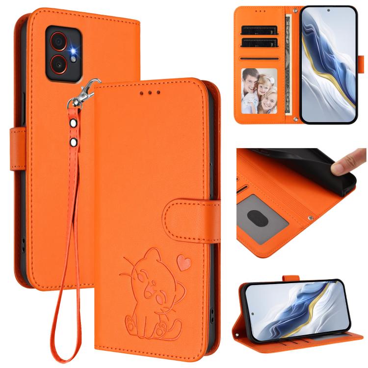 Custodia per telefono in pelle con ciondolo a forma di gatto e cuore in rilievo, completa di cinturino da polso., For Samsung Galaxy XCover7 Pro, For Samsung Galaxy XCover7 5G