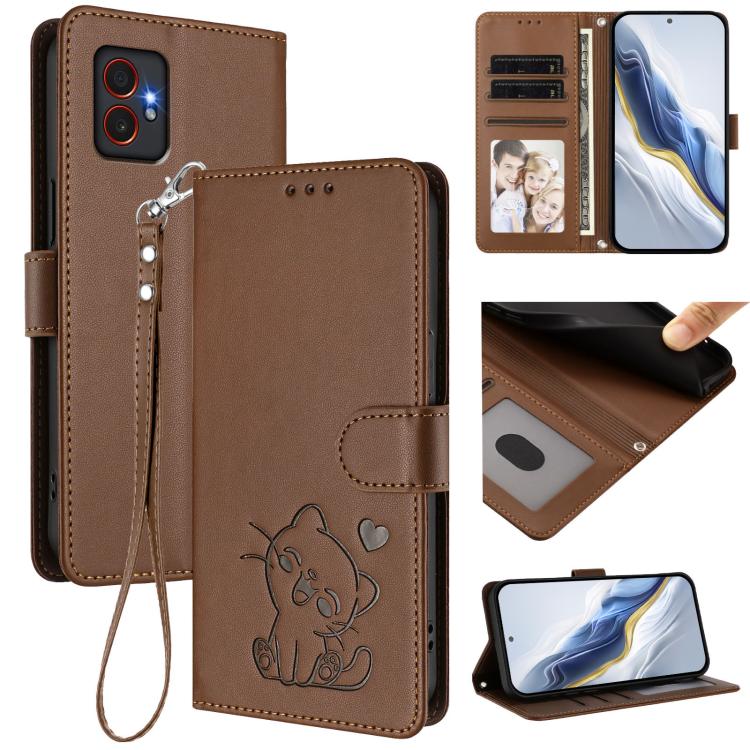 Custodia per telefono in pelle con ciondolo a forma di gatto e cuore in rilievo, completa di cinturino da polso., For Samsung Galaxy XCover7 Pro, For Samsung Galaxy XCover7 5G