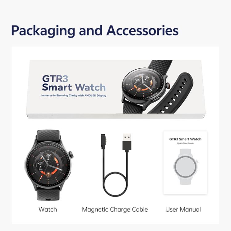 Smartwatch fitness tracker GTR3 con schermo AMOLED da 1,43 pollici e supporto per il monitoraggio della frequenza cardiaca.
