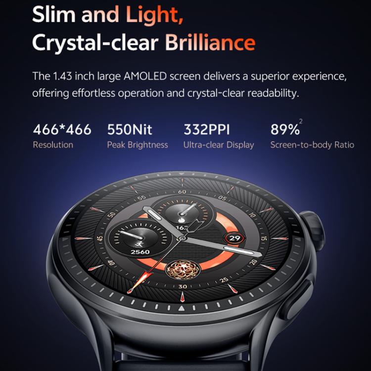 Smartwatch fitness tracker GTR3 con schermo AMOLED da 1,43 pollici e supporto per il monitoraggio della frequenza cardiaca.