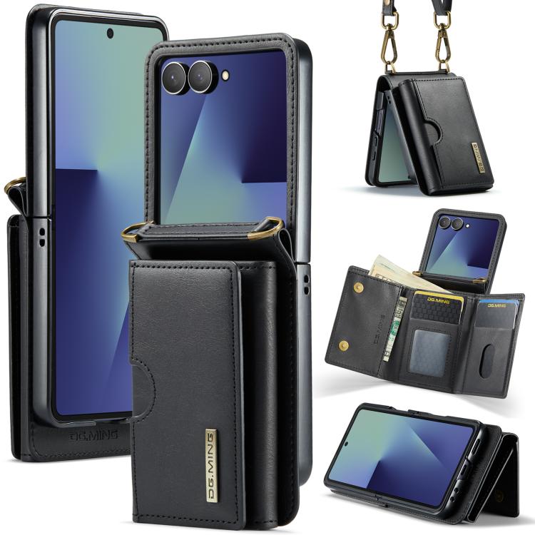 DG.MING Serie M6 Custodia per telefono in pelle rimovibile con cordino lungo e porta carte RFID a tre ante, ideale per dispositivi RFID., For Galaxy Z Flip8 5G, For Samsung Galaxy Z Flip7 FE / Flip6, For Samsung Galaxy Z Flip7 5G