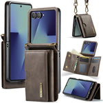 DG.MING Serie M6 Custodia per telefono in pelle rimovibile con cordino lungo e porta carte RFID a tre ante, ideale per dispositivi RFID., For Galaxy Z Flip8 5G, For Samsung Galaxy Z Flip7 FE / Flip6, For Samsung Galaxy Z Flip7 5G