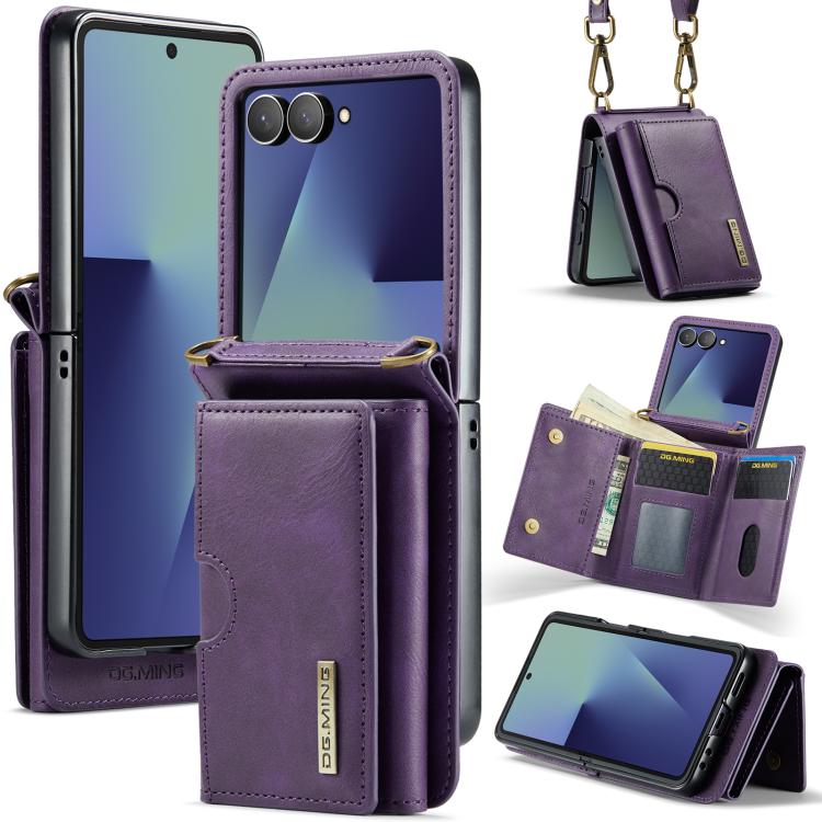 DG.MING Serie M6 Custodia per telefono in pelle rimovibile con cordino lungo e porta carte RFID a tre ante, ideale per dispositivi RFID., For Galaxy Z Flip8 5G, For Samsung Galaxy Z Flip7 FE / Flip6, For Samsung Galaxy Z Flip7 5G
