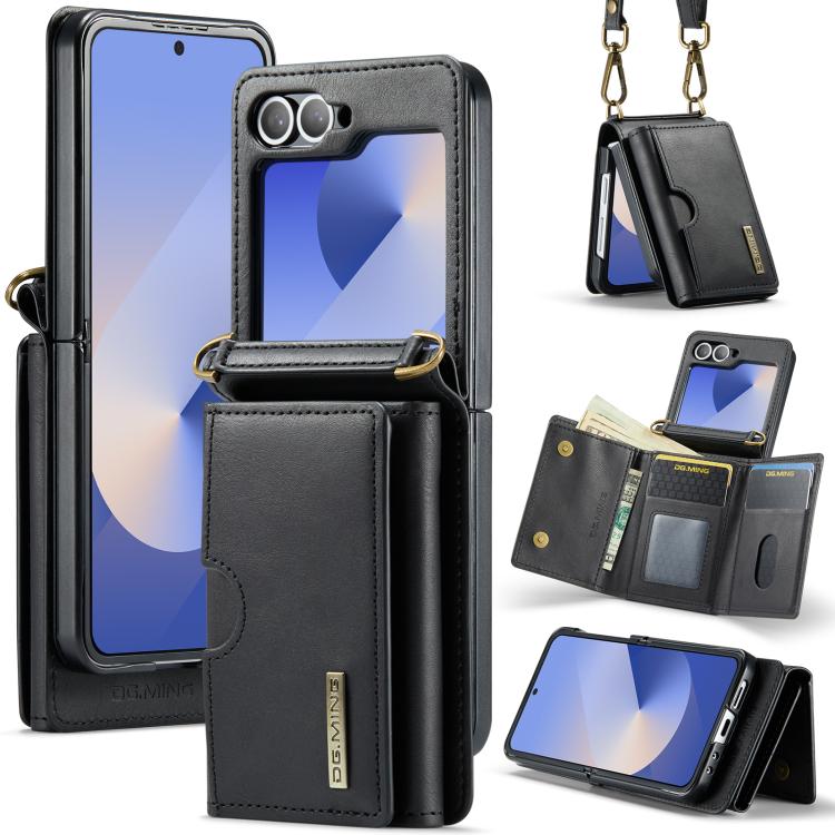 DG.MING Serie M6 Custodia per telefono in pelle rimovibile con cordino lungo e porta carte RFID a tre ante, ideale per dispositivi RFID., For Galaxy Z Flip8 5G, For Samsung Galaxy Z Flip7 FE / Flip6, For Samsung Galaxy Z Flip7 5G