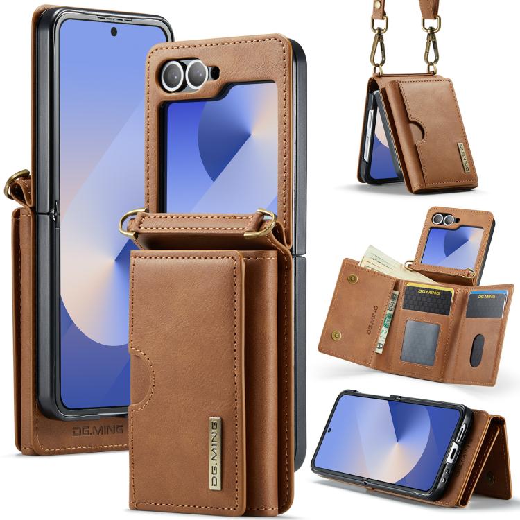 DG.MING Serie M6 Custodia per telefono in pelle rimovibile con cordino lungo e porta carte RFID a tre ante, ideale per dispositivi RFID., For Galaxy Z Flip8 5G, For Samsung Galaxy Z Flip7 FE / Flip6, For Samsung Galaxy Z Flip7 5G