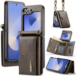 DG.MING Serie M6 Custodia per telefono in pelle rimovibile con cordino lungo e porta carte RFID a tre ante, ideale per dispositivi RFID., For Galaxy Z Flip8 5G, For Samsung Galaxy Z Flip7 FE / Flip6, For Samsung Galaxy Z Flip7 5G