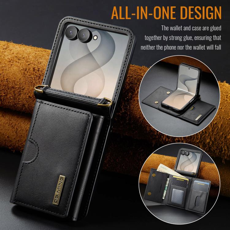 DG.MING Serie M6 Custodia per telefono in pelle rimovibile con cordino lungo e porta carte RFID a tre ante, ideale per dispositivi RFID., For Galaxy Z Flip8 5G, For Samsung Galaxy Z Flip7 FE / Flip6, For Samsung Galaxy Z Flip7 5G