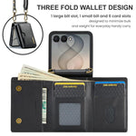 DG.MING Serie M6 Custodia per telefono in pelle rimovibile con cordino lungo e porta carte RFID a tre ante, ideale per dispositivi RFID., For Galaxy Z Flip8 5G, For Samsung Galaxy Z Flip7 FE / Flip6, For Samsung Galaxy Z Flip7 5G