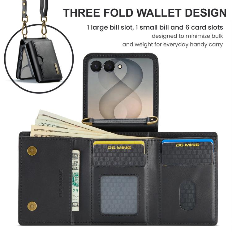 DG.MING Serie M6 Custodia per telefono in pelle rimovibile con cordino lungo e porta carte RFID a tre ante, ideale per dispositivi RFID., For Galaxy Z Flip8 5G, For Samsung Galaxy Z Flip7 FE / Flip6, For Samsung Galaxy Z Flip7 5G