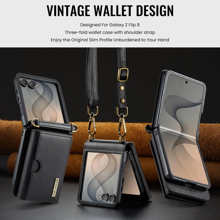 DG.MING Serie M6 Custodia per telefono in pelle rimovibile con cordino lungo e porta carte RFID a tre ante, ideale per dispositivi RFID., For Galaxy Z Flip8 5G, For Samsung Galaxy Z Flip7 FE / Flip6, For Samsung Galaxy Z Flip7 5G