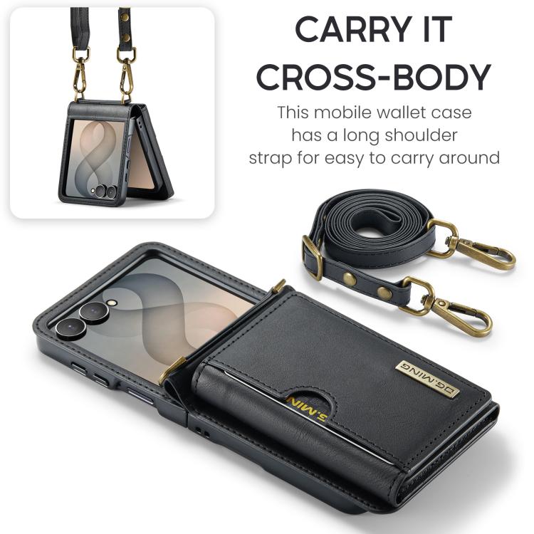 DG.MING Serie M6 Custodia per telefono in pelle rimovibile con cordino lungo e porta carte RFID a tre ante, ideale per dispositivi RFID., For Galaxy Z Flip8 5G, For Samsung Galaxy Z Flip7 FE / Flip6, For Samsung Galaxy Z Flip7 5G