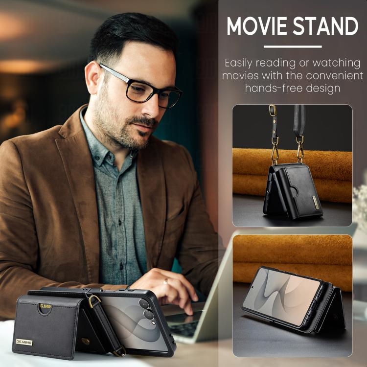 DG.MING Serie M6 Custodia per telefono in pelle rimovibile con cordino lungo e porta carte RFID a tre ante, ideale per dispositivi RFID., For Galaxy Z Flip8 5G, For Samsung Galaxy Z Flip7 FE / Flip6, For Samsung Galaxy Z Flip7 5G