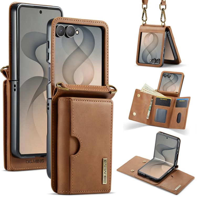 DG.MING Serie M6 Custodia per telefono in pelle rimovibile con cordino lungo e porta carte RFID a tre ante, ideale per dispositivi RFID., For Galaxy Z Flip8 5G, For Samsung Galaxy Z Flip7 FE / Flip6, For Samsung Galaxy Z Flip7 5G