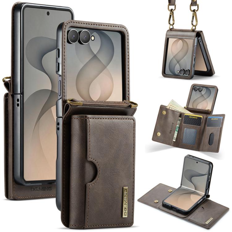 DG.MING Serie M6 Custodia per telefono in pelle rimovibile con cordino lungo e porta carte RFID a tre ante, ideale per dispositivi RFID., For Galaxy Z Flip8 5G, For Samsung Galaxy Z Flip7 FE / Flip6, For Samsung Galaxy Z Flip7 5G