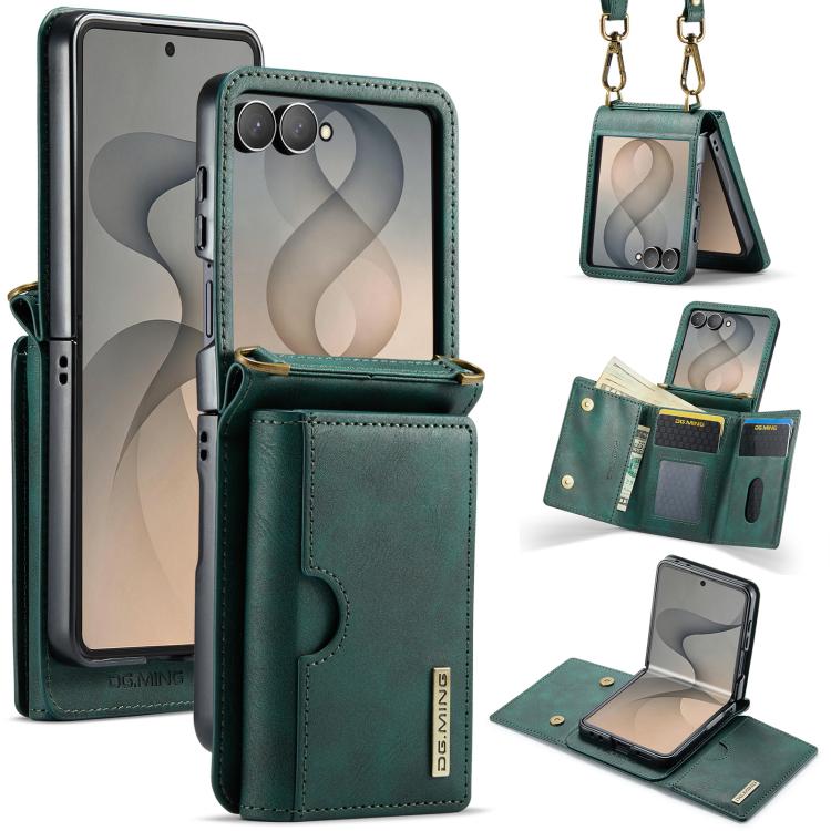 DG.MING Serie M6 Custodia per telefono in pelle rimovibile con cordino lungo e porta carte RFID a tre ante, ideale per dispositivi RFID., For Galaxy Z Flip8 5G, For Samsung Galaxy Z Flip7 FE / Flip6, For Samsung Galaxy Z Flip7 5G