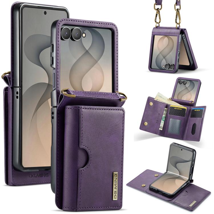 DG.MING Serie M6 Custodia per telefono in pelle rimovibile con cordino lungo e porta carte RFID a tre ante, ideale per dispositivi RFID., For Galaxy Z Flip8 5G, For Samsung Galaxy Z Flip7 FE / Flip6, For Samsung Galaxy Z Flip7 5G