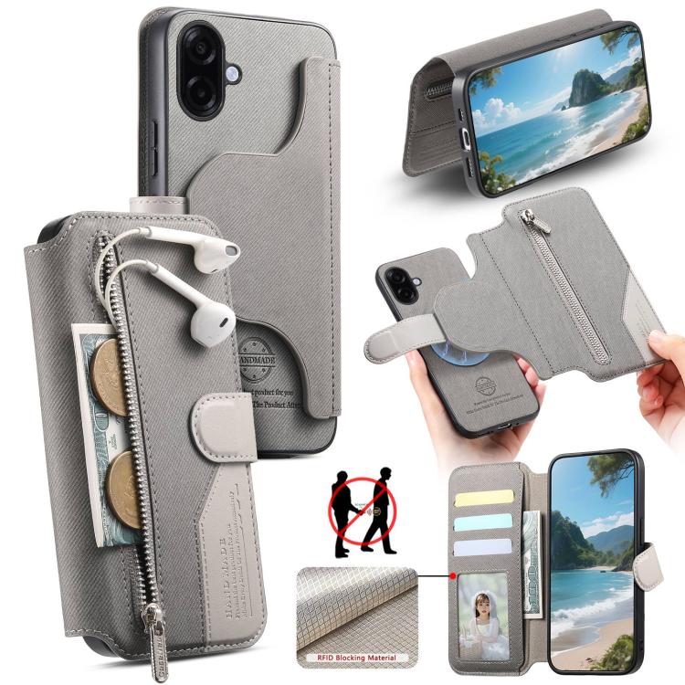 Portafoglio in pelle con cerniera, protezione antifurto MagSafe RFID in tessuto twill, custodia per telefono con cerniera., For Galaxy A57 5G, For Galaxy A37 5G / A36 5G, For Galaxy A17 4G / 5G, For Galaxy A07 4G / 5G