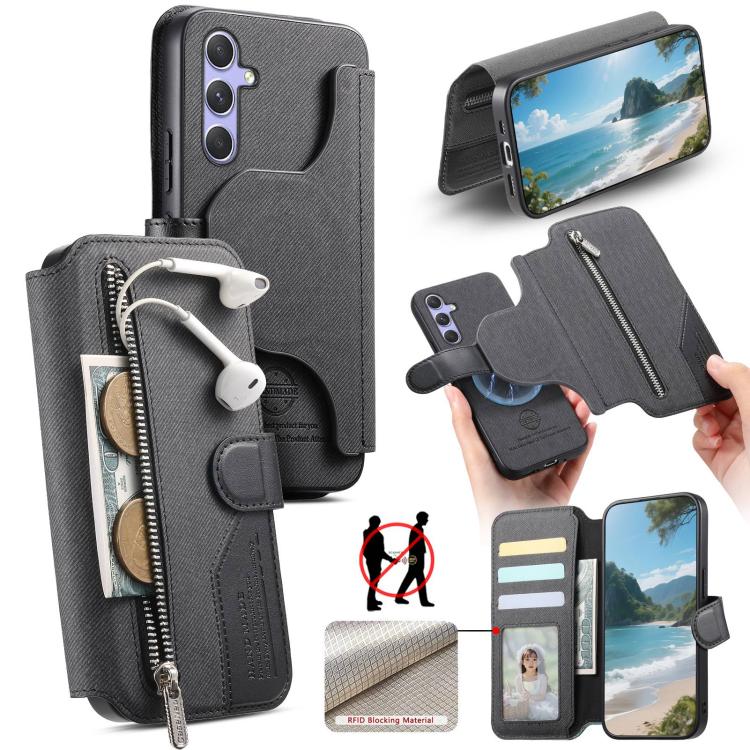 Portafoglio in pelle con cerniera, protezione antifurto MagSafe RFID in tessuto twill, custodia per telefono con cerniera., For Galaxy A54 5G, For Galaxy A04, For Galaxy A53 5G, For Galaxy A33 5G