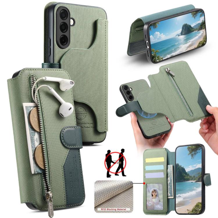Portafoglio in pelle con cerniera, protezione antifurto MagSafe RFID in tessuto twill, custodia per telefono con cerniera., For Galaxy A57 5G, For Galaxy A37 5G / A36 5G, For Galaxy A17 4G / 5G, For Galaxy A07 4G / 5G