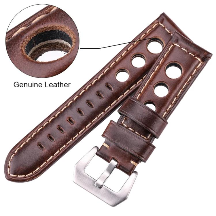Cinturino per orologio xDfind in vera pelle traspirante con fibbia argentata a tre fori e tre fori., 20mm, 22mm, 24mm