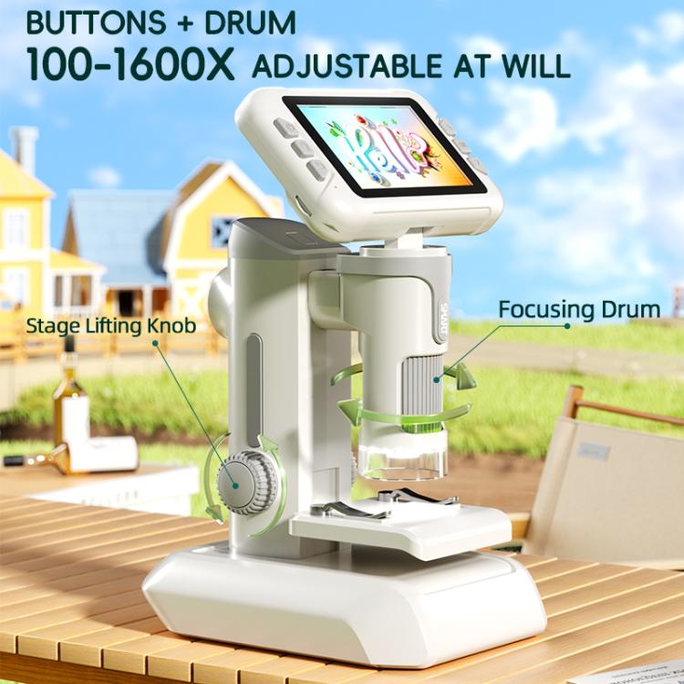 Microscopio elettronico per bambini JJR/C P01 con schermo a colori HD da 4 pollici e ingrandimento 1600x.