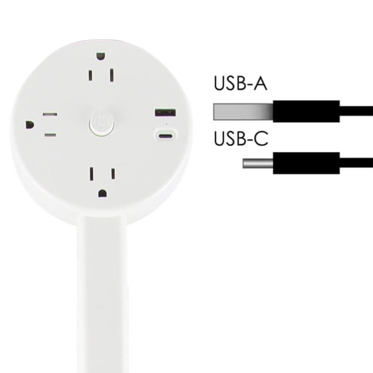 Prolunga per presa elettrica rotonda con spina americana e porta USB/Type-C per ricarica rapida., 3 AC + USB, US Plug