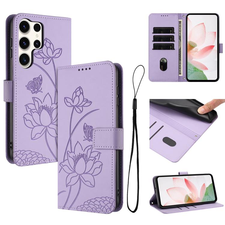 Custodia per telefono in pelle con motivo loto in rilievo e cordino., For Samsung Galaxy S25 Ultra 5G, For Samsung Galaxy S24 FE 5G, For Samsung Galaxy S24 Ultra 5G, For Samsung Galaxy S23 FE 5G