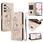 Custodia per telefono in pelle con motivo loto in rilievo e cordino., For Samsung Galaxy S25 FE 5G, For Samsung Galaxy S25 Edge 5G, For Samsung Galaxy S25 / S24 5G, For Samsung Galaxy S25+ / S24+ 5G